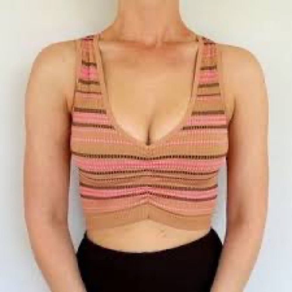 Aerie V-Neck Ribbed Cropped Tank Top - Pink and Brown Stripes